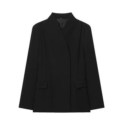 Women's black slim-fit suit jacket with regular sleeves on hanger