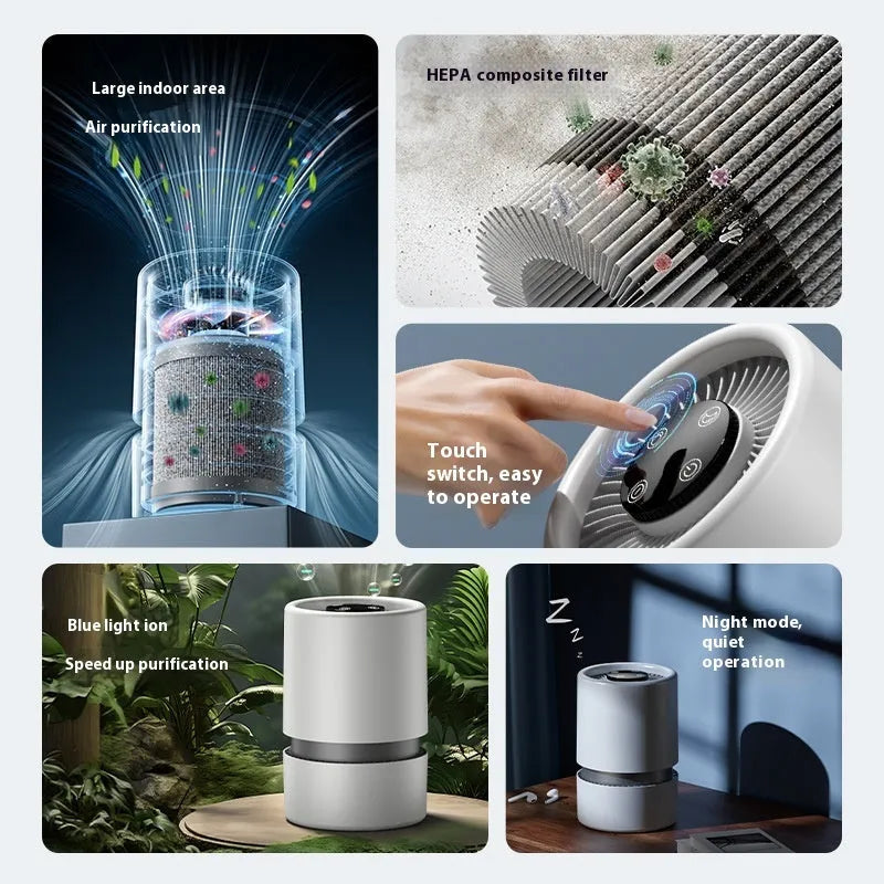 Desktop air purifier small clearing machine for removing formaldehyde, odours and second-hand smoke in rooms under 10 square metres with USB power supply, white simple style design, rated at 5W power consumption