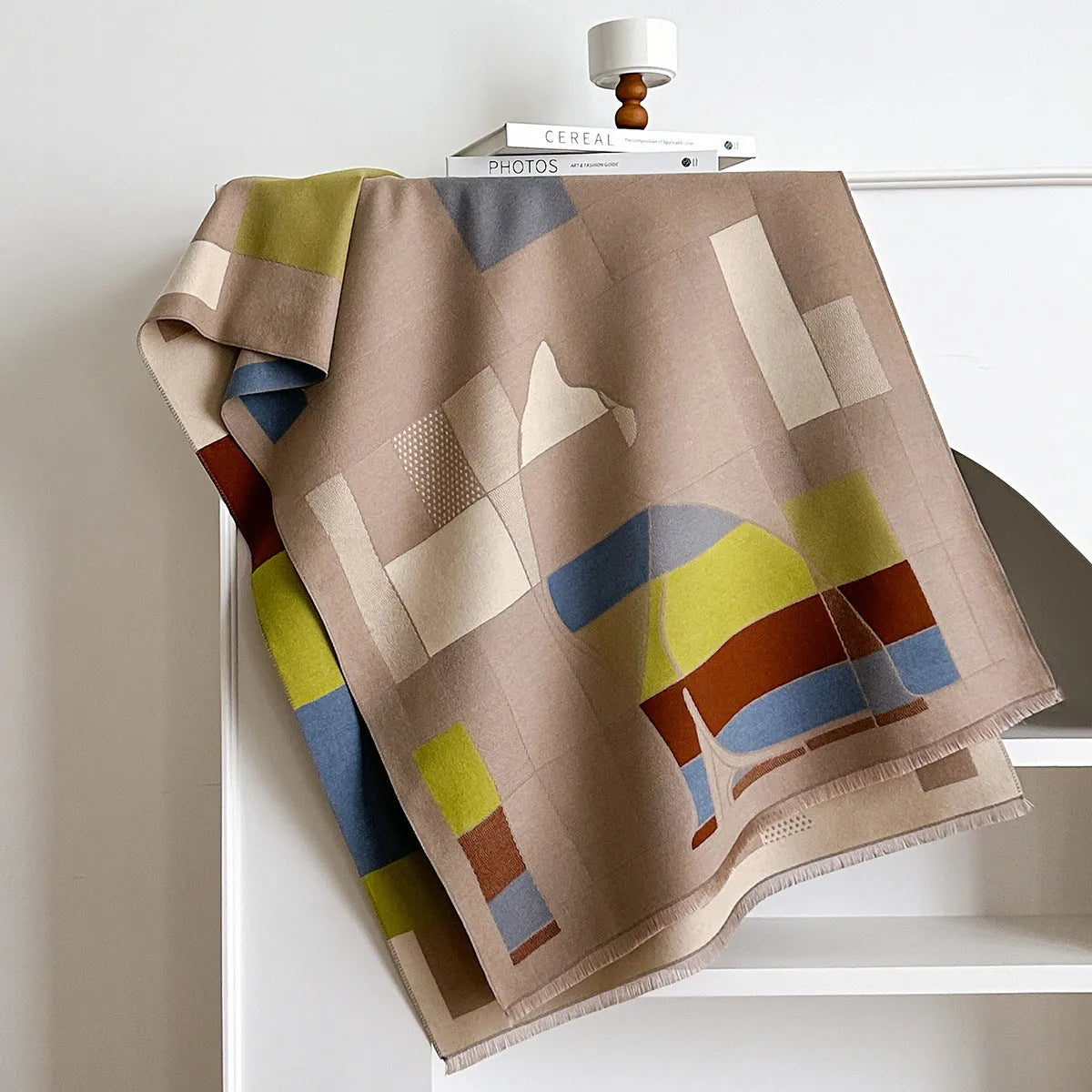 Imitation cashmere scarf in European American style showing 185x65cm dimensions and available colour options