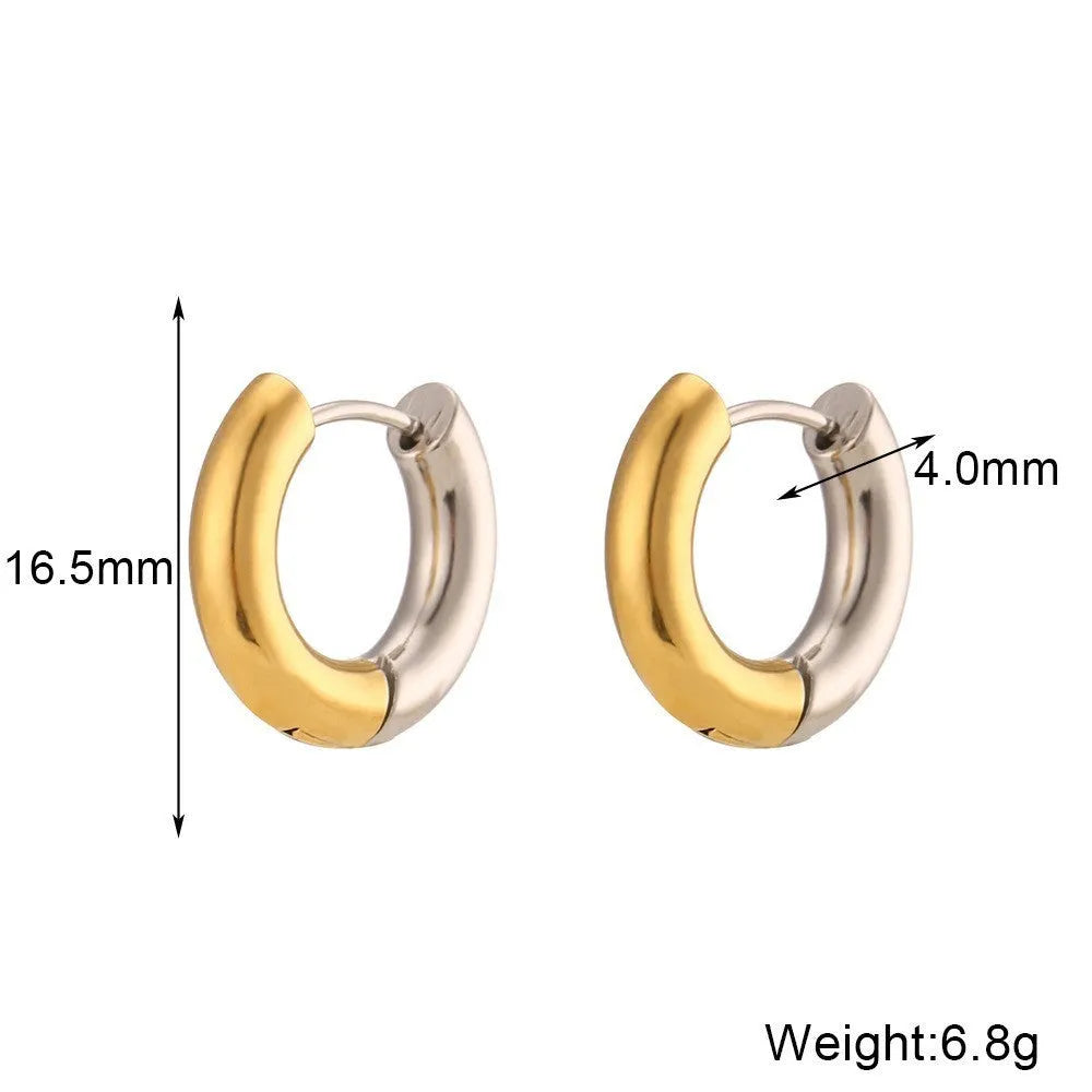 Gold electroplated stainless steel earrings, necklace, and bracelet set with geometric shapes and round ring elements