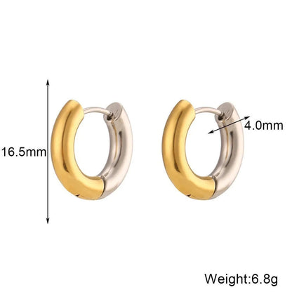 Gold electroplated stainless steel earrings, necklace, and bracelet set with geometric shapes and round ring elements