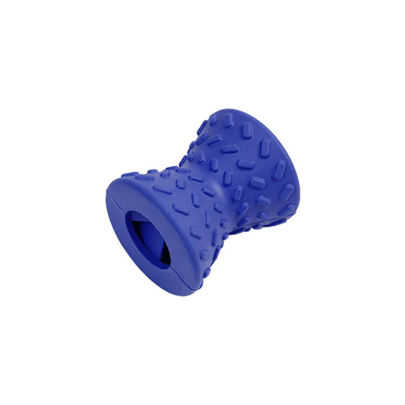 Blue interactive treat dispensing dog bone toy for aggressive chewers with hollow centre and natural rubber material