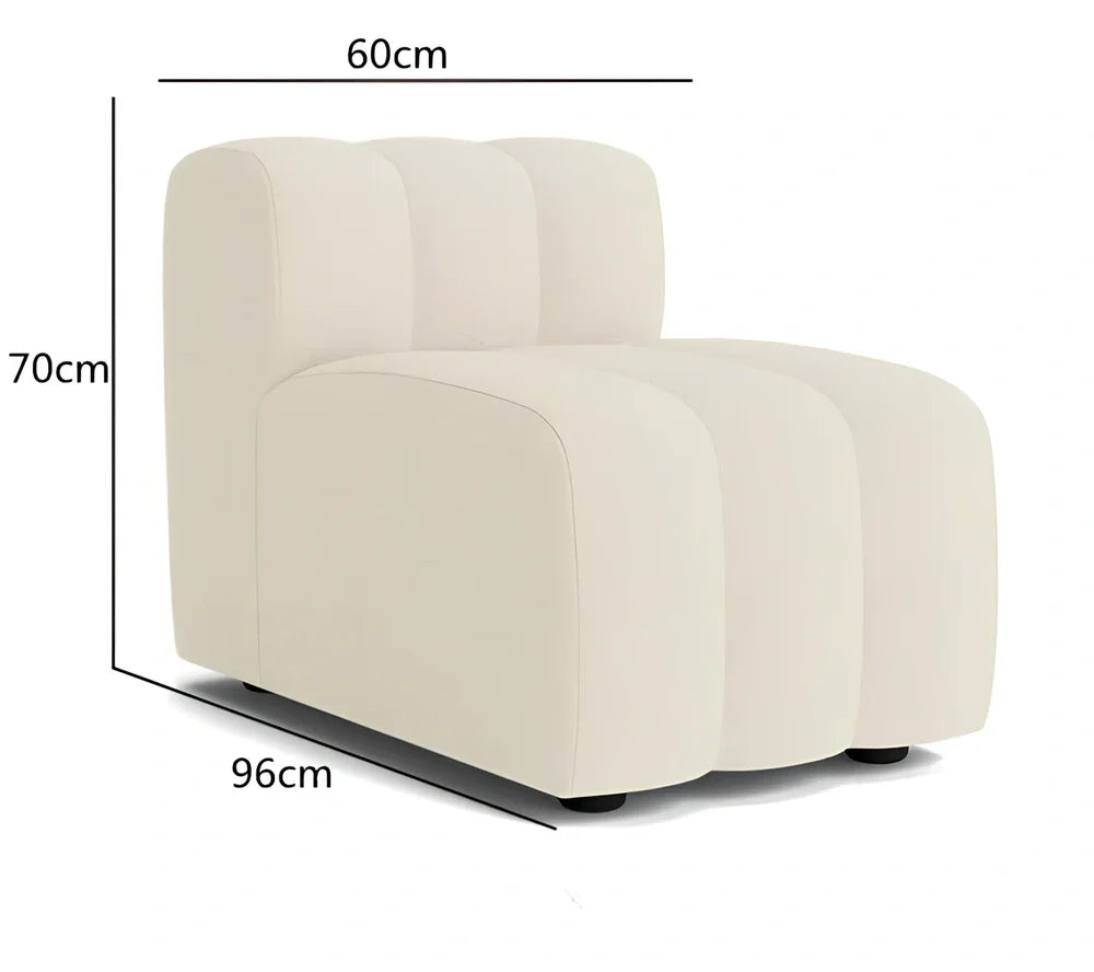 Off-white curved modular sofa with fleece fabric in corner configuration showing multiple connected pieces