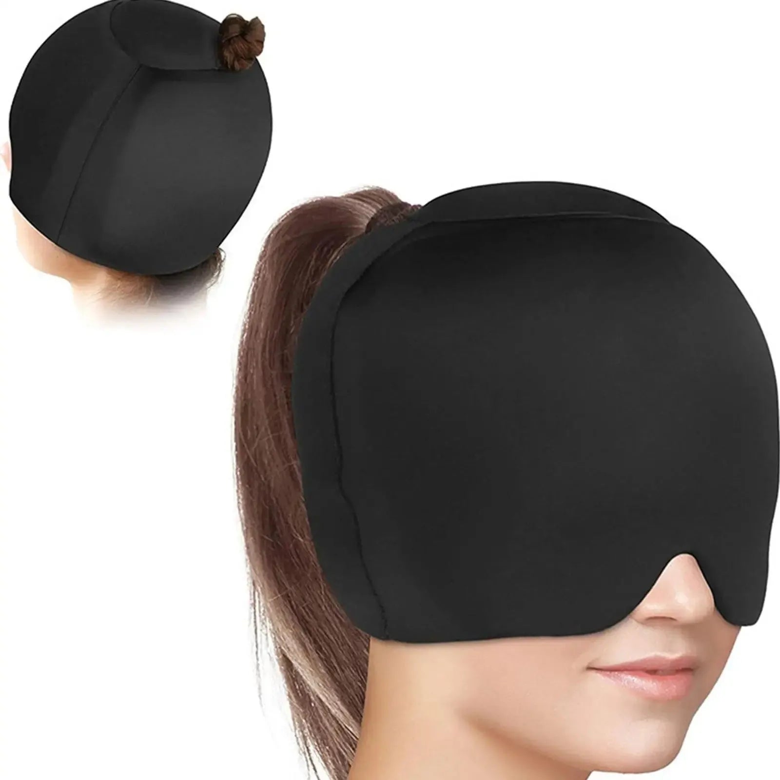 Simple solid colour cold compress cap in black, dark blue, or pink with fully enclosed design for head relief