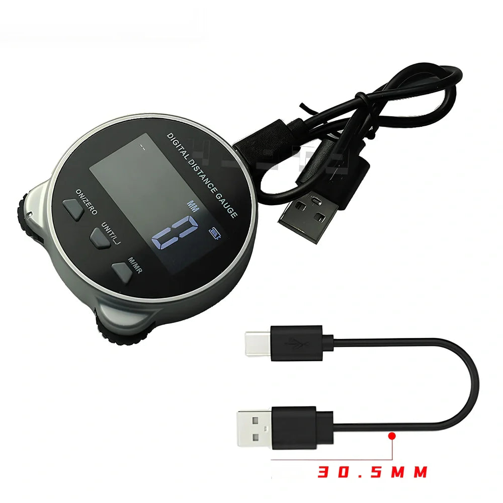 Grey digital rolling measurement tool displaying 200m range on straight surfaces with cm/inch units