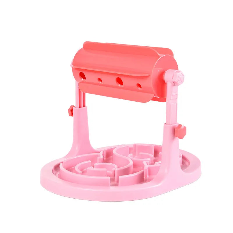 Blue adjustable height pet puzzle feeder with raised food tray patterns for slow eating