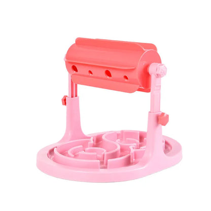 Blue adjustable height pet puzzle feeder with raised food tray patterns for slow eating