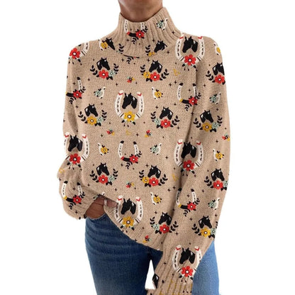 3D floral high neck long sleeve pullover sweater in wool woven fabric and polyester, sizes XXS to XXXL