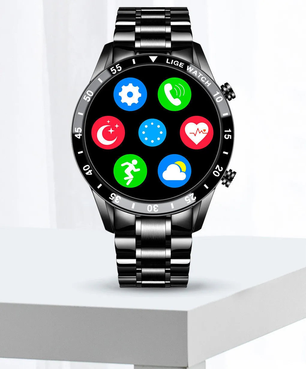 Black and silver stainless steel smart watch with a 1.3-inch screen showing step counter.