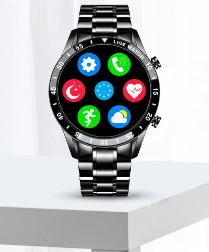 Black and silver stainless steel smart watch with a 1.3-inch screen showing step counter.