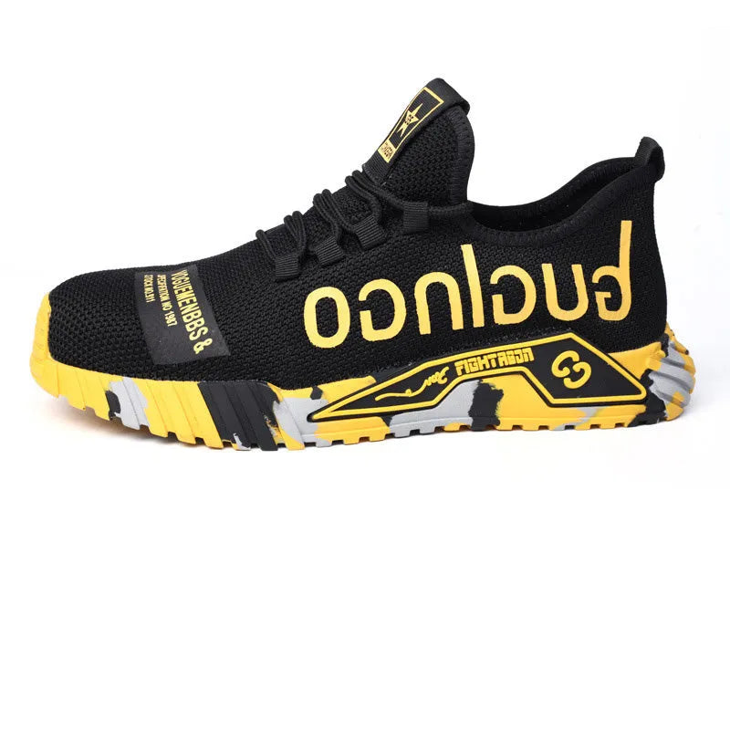 Steel toe work shoes for men with fly woven mesh upper and rubber sole, puncture proof, available in six colours