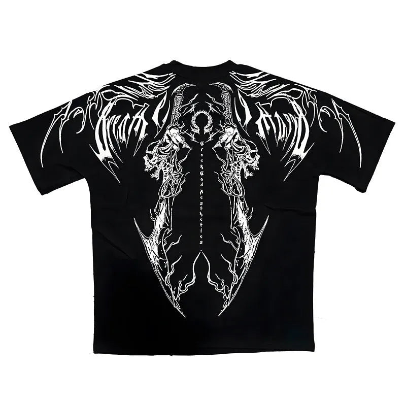 Dark coloured loose fit plus size cotton t-shirt with short sleeves and gilding detail.