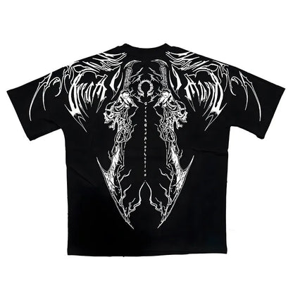 Dark coloured loose fit plus size cotton t-shirt with short sleeves and gilding detail.