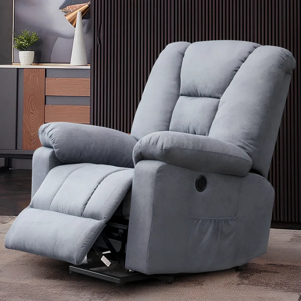 Blue single electric massage recliner with wooden frame, USB port, and 8-point vibration in reclined position