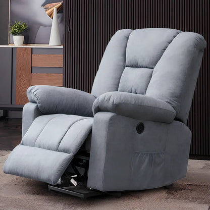 Blue single electric massage recliner with wooden frame, USB port, and 8-point vibration in reclined position