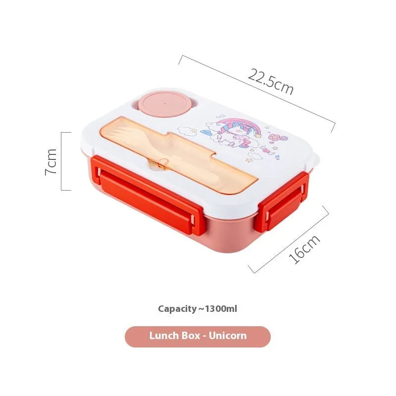1300ml rectangular plastic cartoon bento box with sealed lid and microwaveable heating, available in three designs