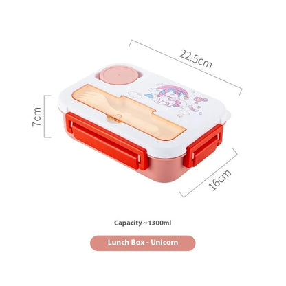 1300ml rectangular plastic cartoon bento box with sealed lid and microwaveable heating, available in three designs
