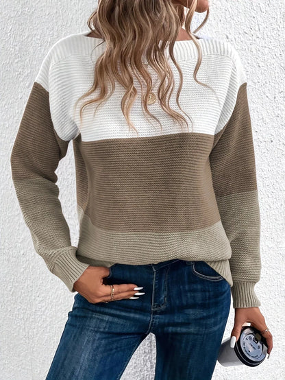 Women's round neck pullover sweater with unique splicing design in various colors
