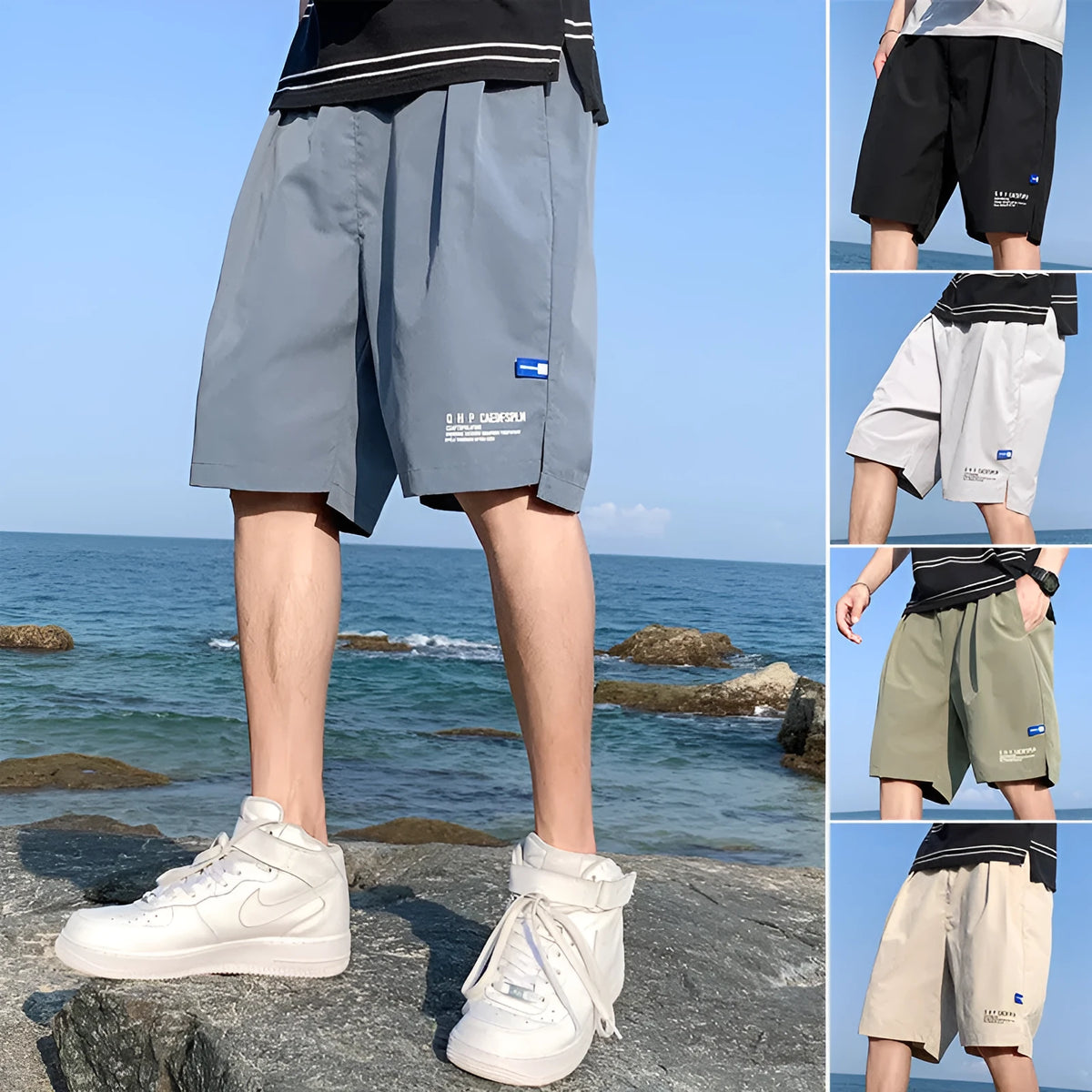 Men's ice silk shorts, thin quick-drying casual pants, mid-waist straight tube, five-quarter length, solid colour