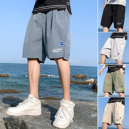 Men's ice silk shorts, thin quick-drying casual pants, mid-waist straight tube, five-quarter length, solid colour