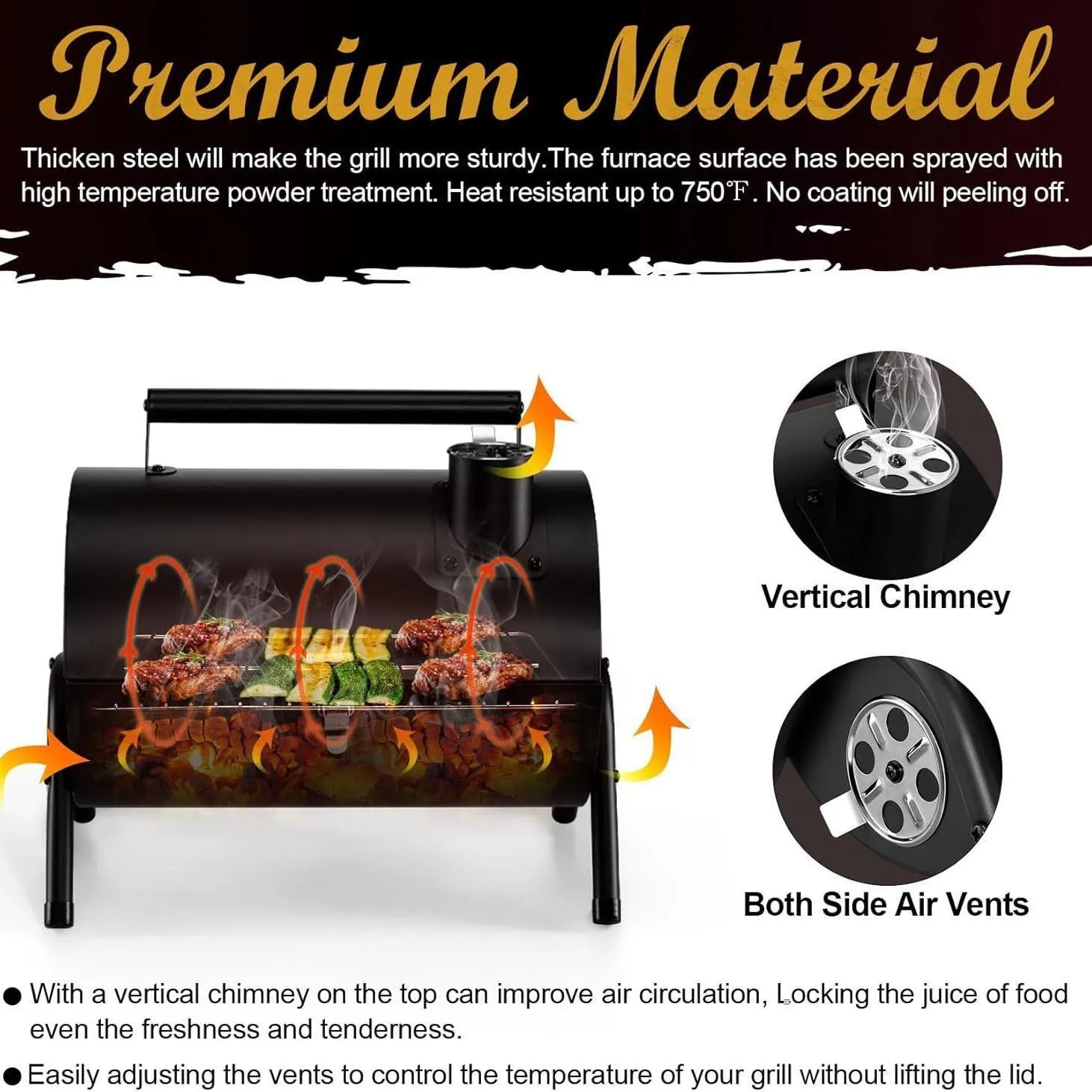 Small folding desktop charcoal barbecue showing 25cm cooking surface and compact 5cm folded thickness