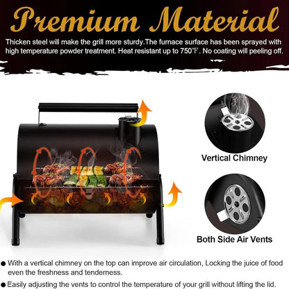 Small folding desktop charcoal barbecue showing 25cm cooking surface and compact 5cm folded thickness