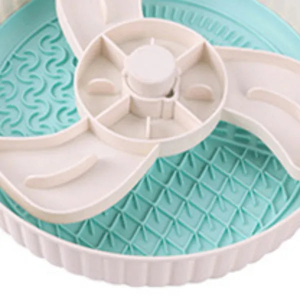 Pet food basin with rotating game board and textured silicone pad in multiple colour options including beige, blue, gray, green, and red