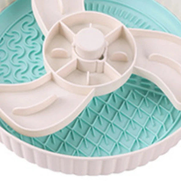 Grey rotating pet food basin with silicone pad showing beard pattern design for slow feeding