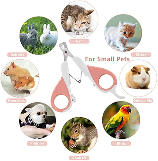 Grey and pink cat nail clippers with angled blade and safety lock for small pets
