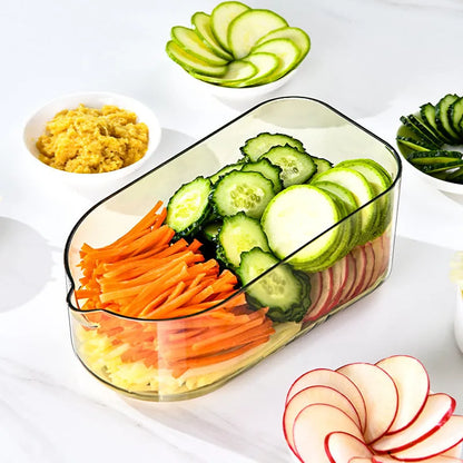 Transparent green vegetable cutter with stainless steel blades and optional drain basket