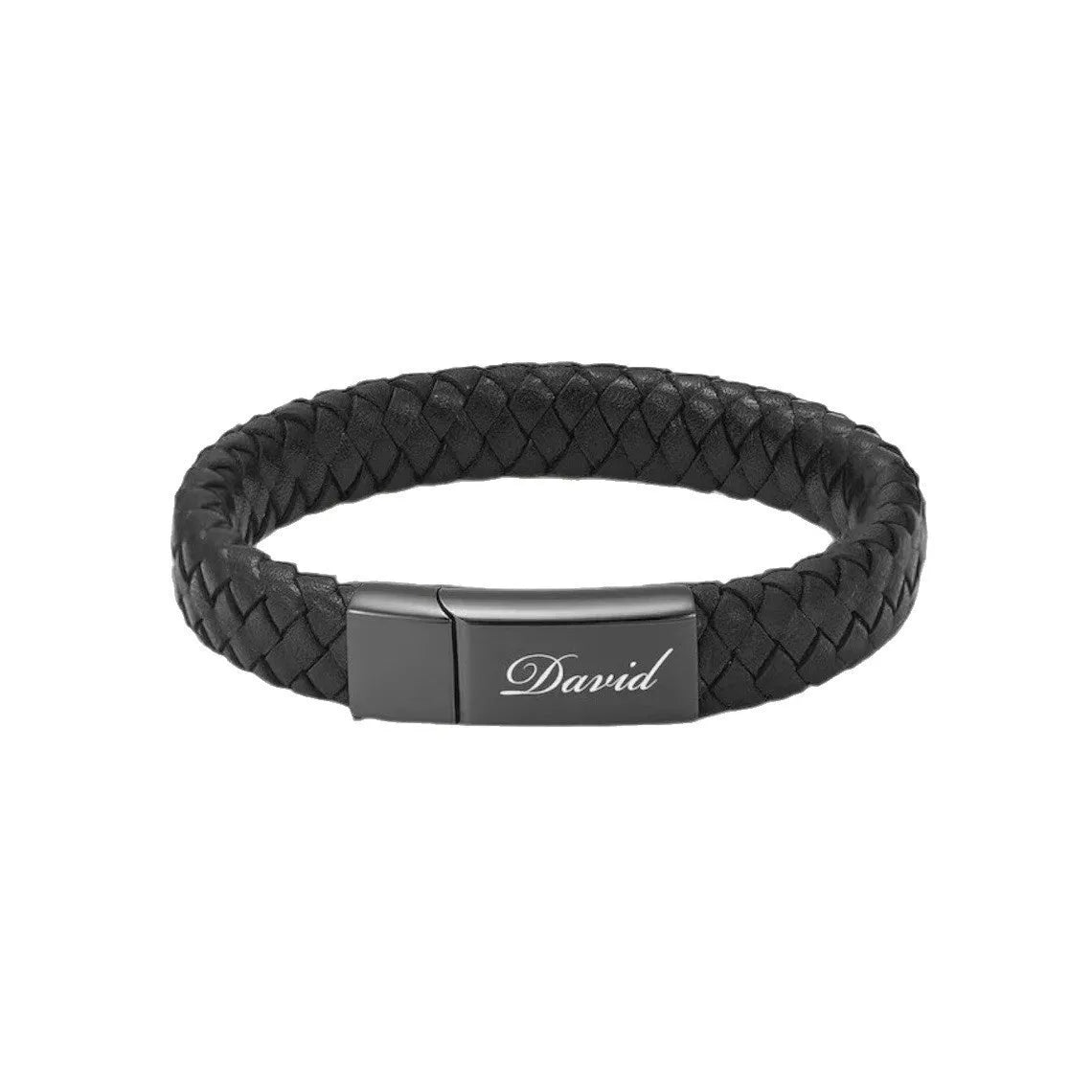 Black leather and stainless steel men's casket bracelet with engraved letters in a woven design.