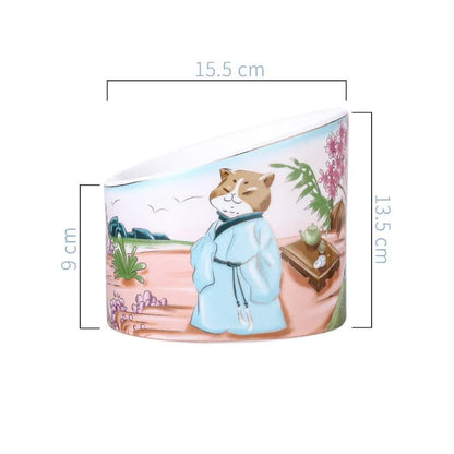 Chinese style ceramic cat bowl set with high legs and double bowl design