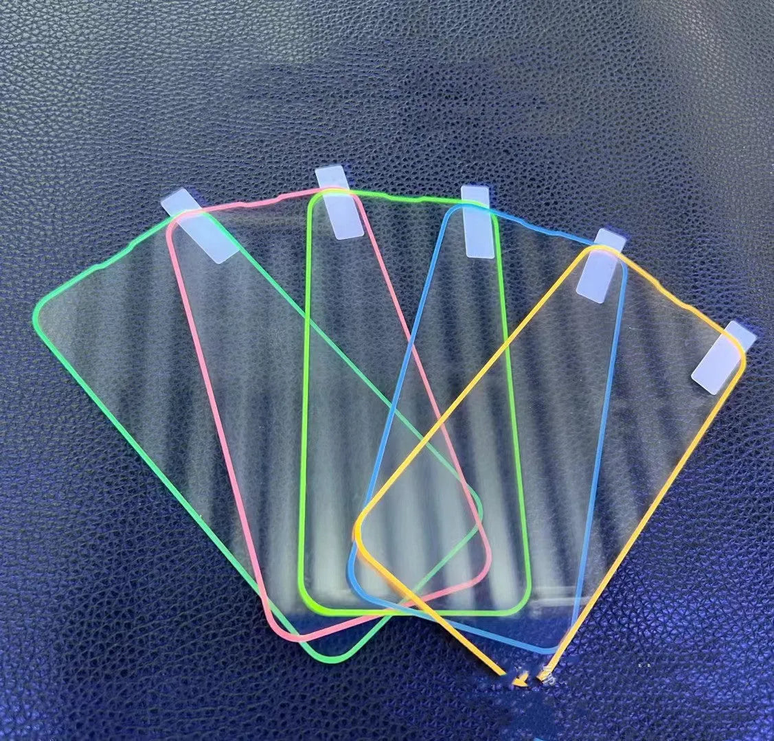 Fluorescent tempered glass screen protector glowing in blue for iPhone with full-screen coverage
