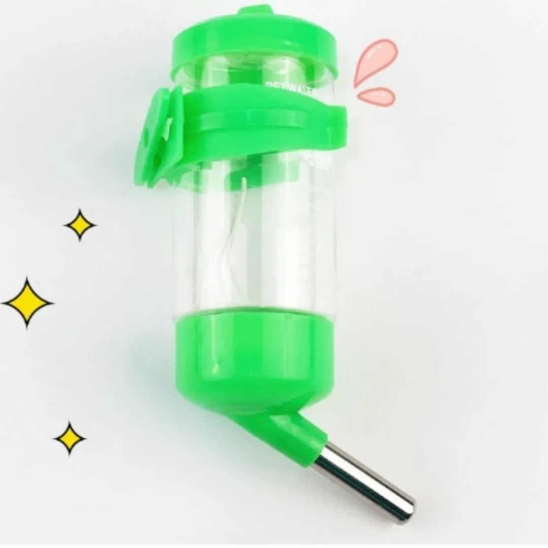 Green plastic ball kettle pet water feeder with leak-proof metal ball valve, shown alongside yellow, pink, white, and sky blue colour options.