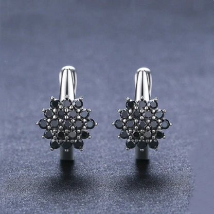 Korean-style copper black zircon flower stud earrings for women, elegant and durable design