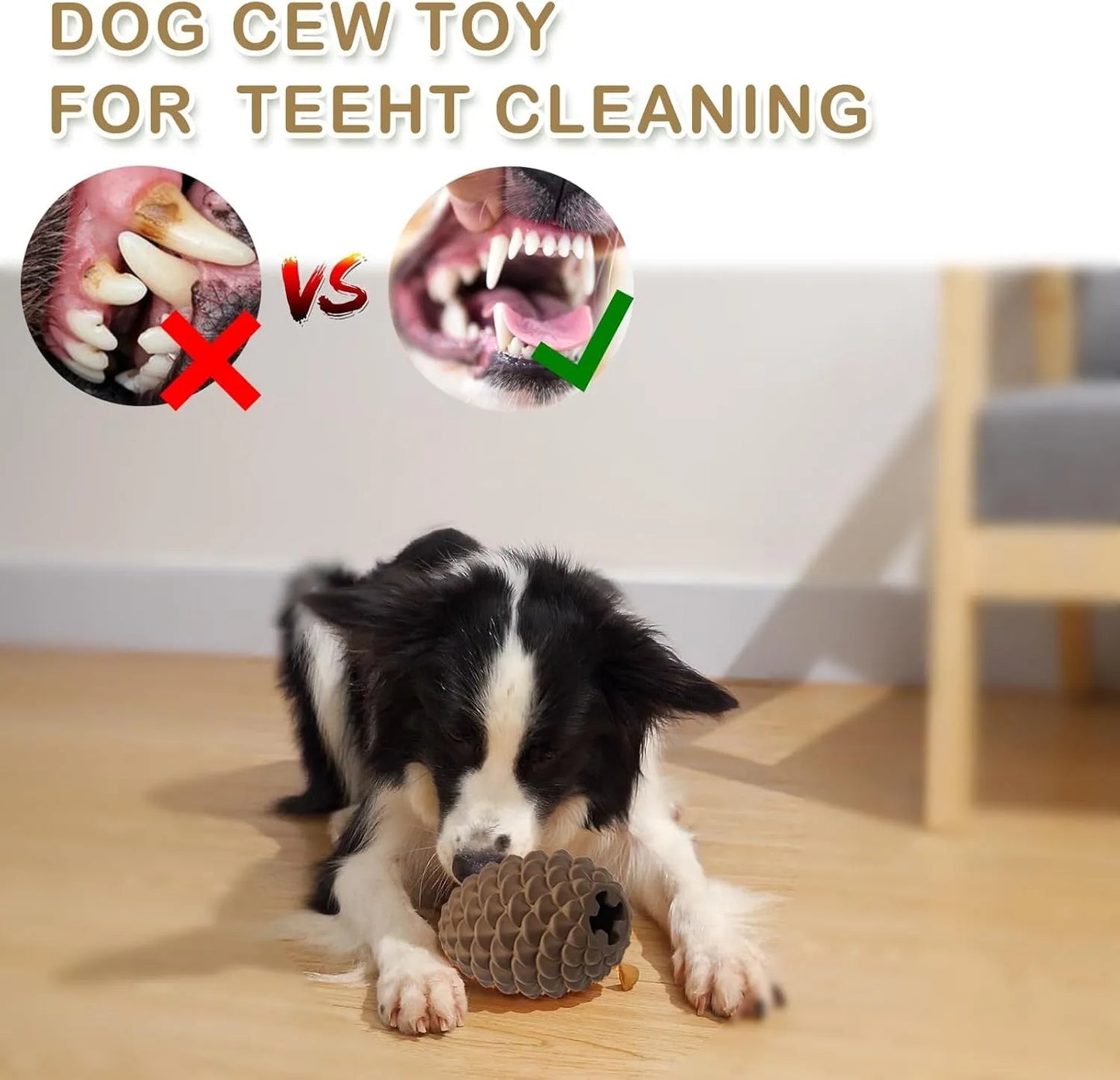Pine cone-shaped yellow dog toy with treat dispenser, natural rubber construction, for medium to large breeds