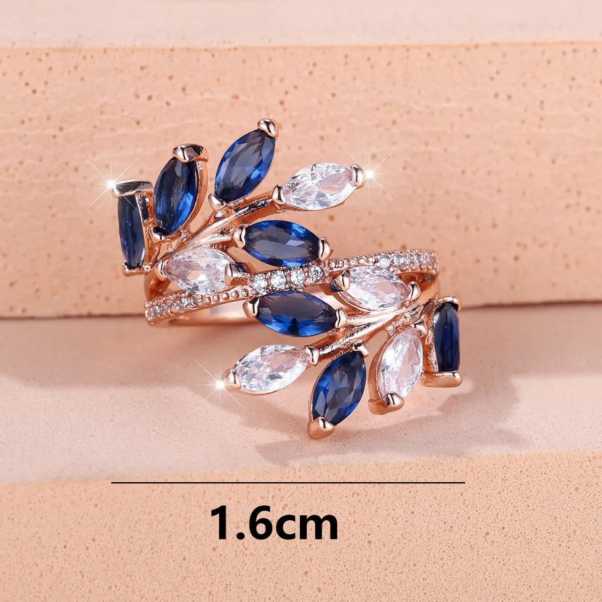 Horse Eye Zircon Leaf Ring with adjustable opening in rose gold purple white diamond colour on a hand