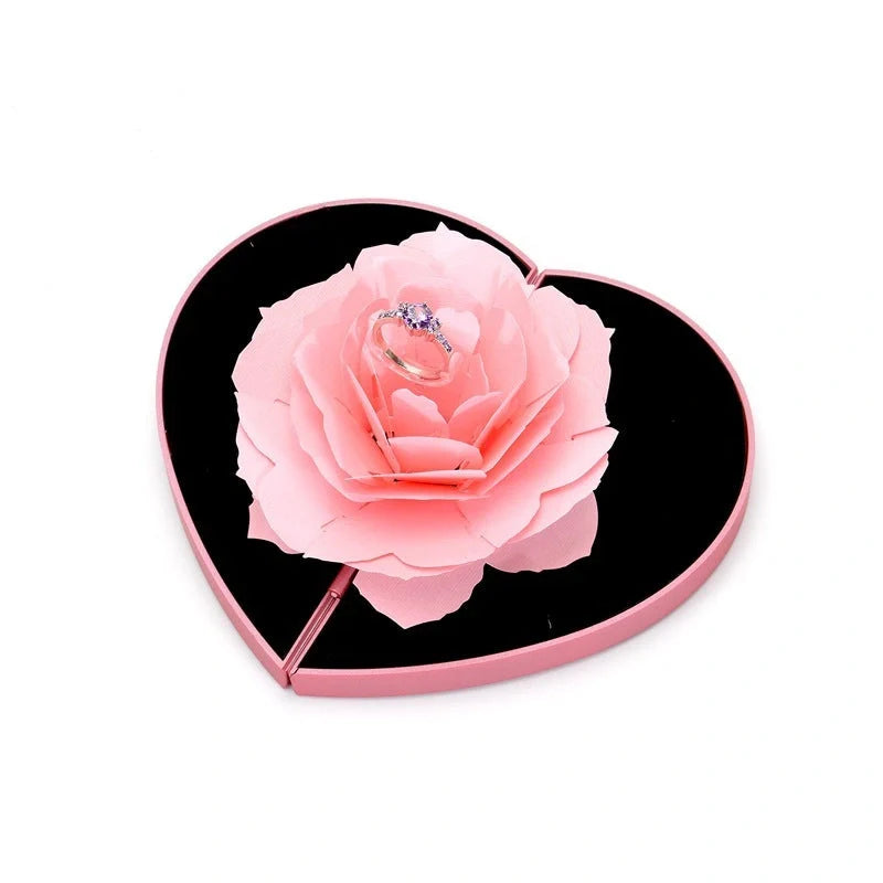Heart-shaped 3D love box with rotating rose for ring display in red and pink