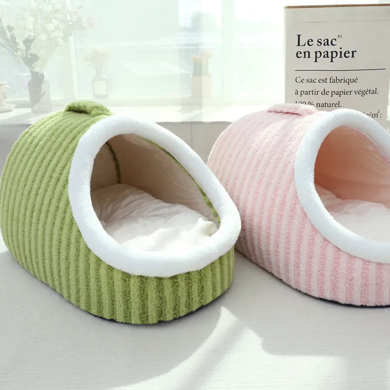 Pet cat bed nest thickened three-dimensional macaron double-piece cage kennel for winter warmth, available in small size 45x30x25 cm, medium 55x40x30 cm, and large 60x45x35 cm in pink, green, blue, and yellow colours.