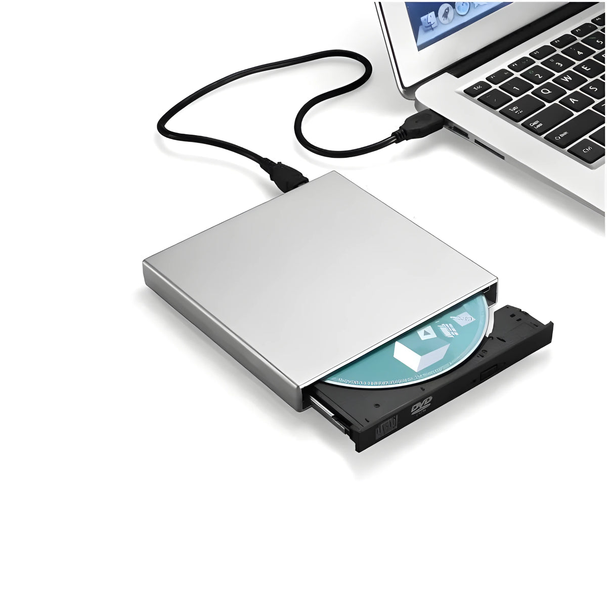 Silver USB external DVD burner, portable optical drive, 138x137.5x18mm plastic casing