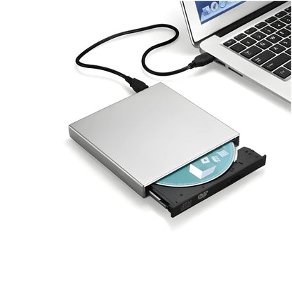 Silver USB external DVD burner, portable optical drive, 138x137.5x18mm plastic casing