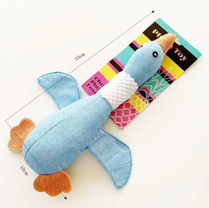 Blue plush duck dog toy with two squeakers, measuring 33 cm, for chewing and teeth cleaning