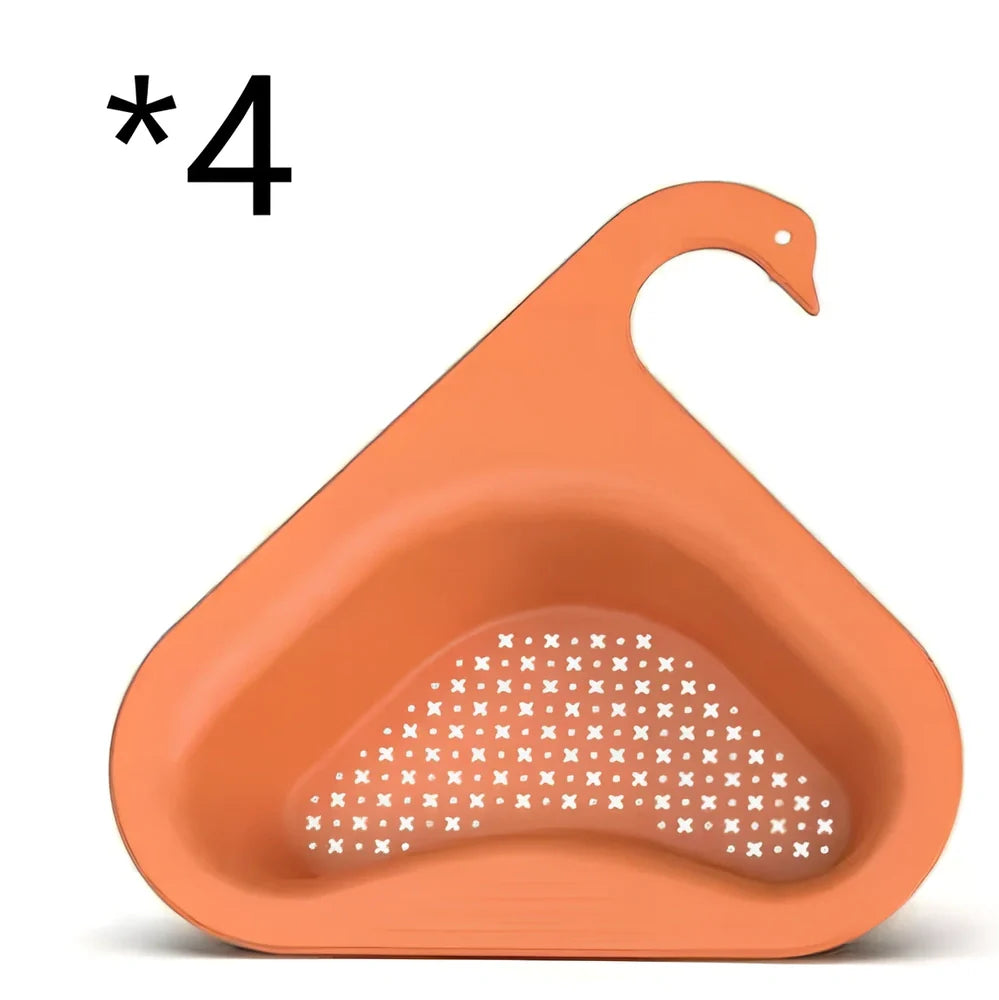 Yellow swan-shaped plastic kitchen drainer basket with drainage holes on kitchen counter
