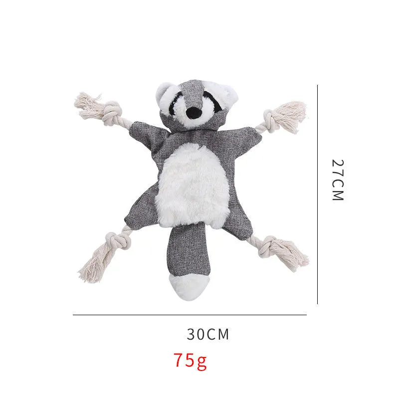 Brown stuffless fox plush dog toy with cotton rope limbs and embroidered eyes