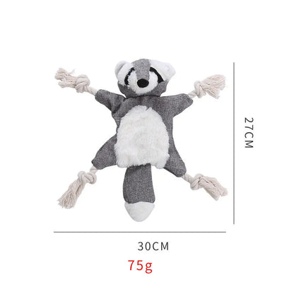 Brown stuffless fox plush dog toy with cotton rope limbs and embroidered eyes