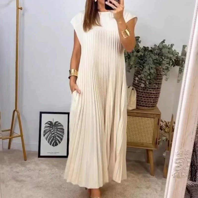 Women's summer long dress with pleated detail and round neck in various colors