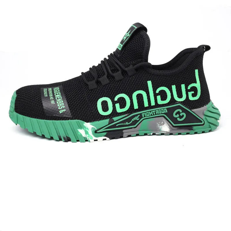 Steel toe work shoes for men with fly woven mesh upper and rubber sole, puncture proof, available in six colours