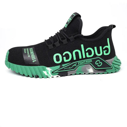 Steel toe work shoes for men with fly woven mesh upper and rubber sole, puncture proof, available in six colours