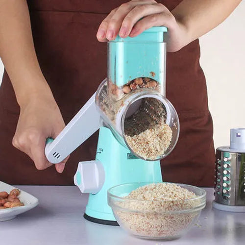Blue multifunctional manual vegetable cutter with stainless steel blades for slicing potatoes and cheese.