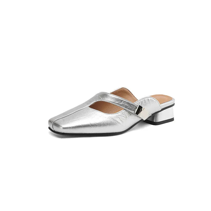 Low heel square toe outdoor slippers in artificial PU material with rubber sole